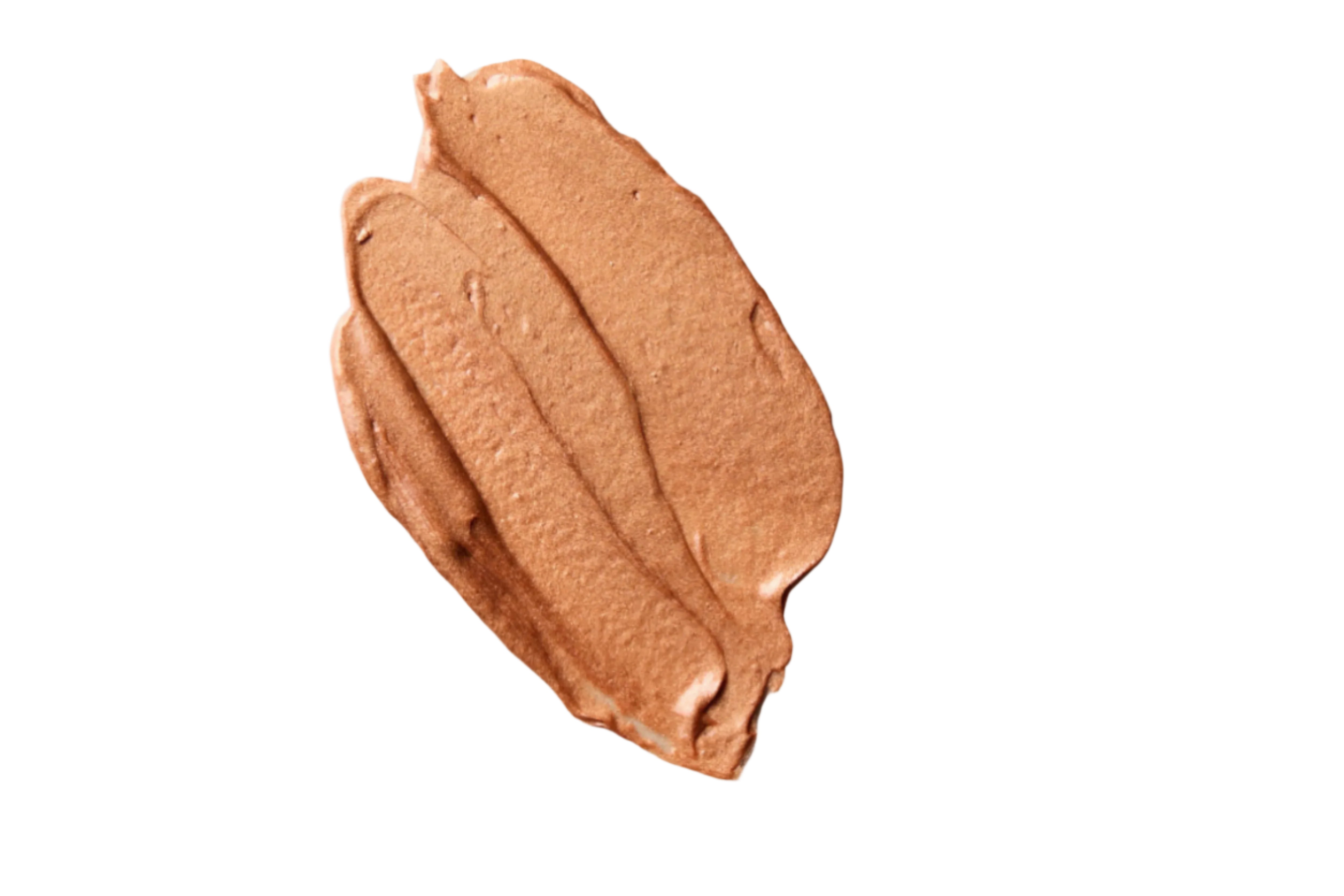 Three swatches of bronze makeup cream on a beige background
