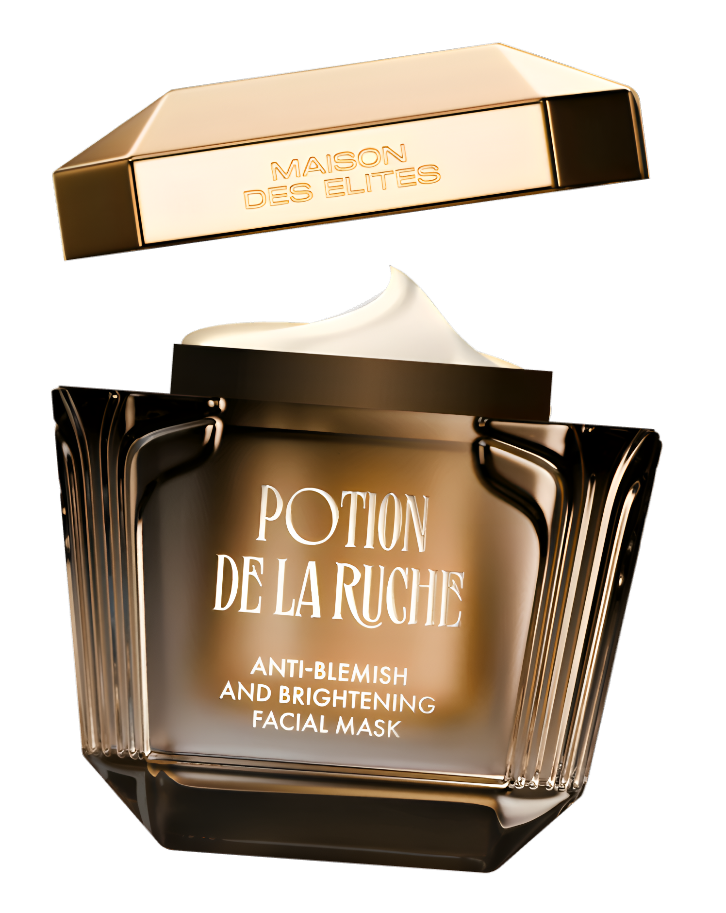 Facial mask container with gold lid labeled 'Potion de la Ruche' on a white background